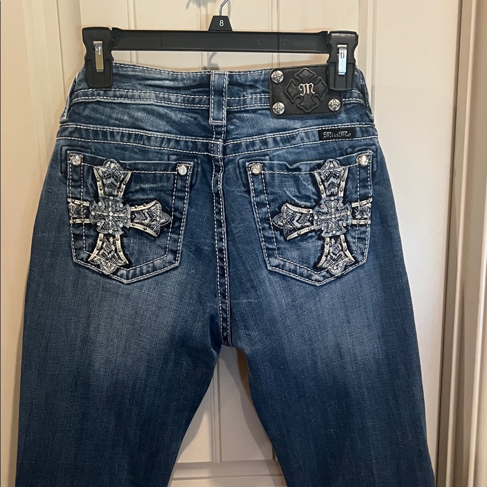 Miss Me Dark Blue Boot Cut Jeans with Cross Embellishments